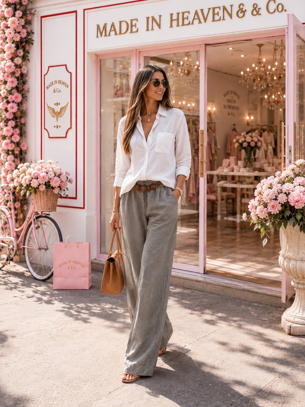 Wide-Leg Linen Blend Pants in Taupe